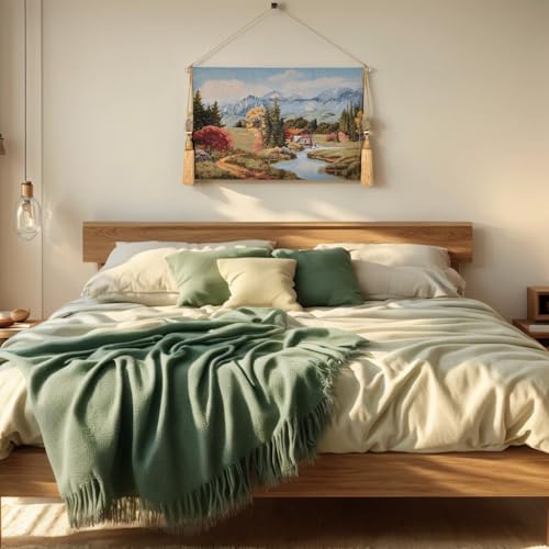 Vintage Nature Tapestry Wall Hanging with Telescopic Rod & Tassels I9744