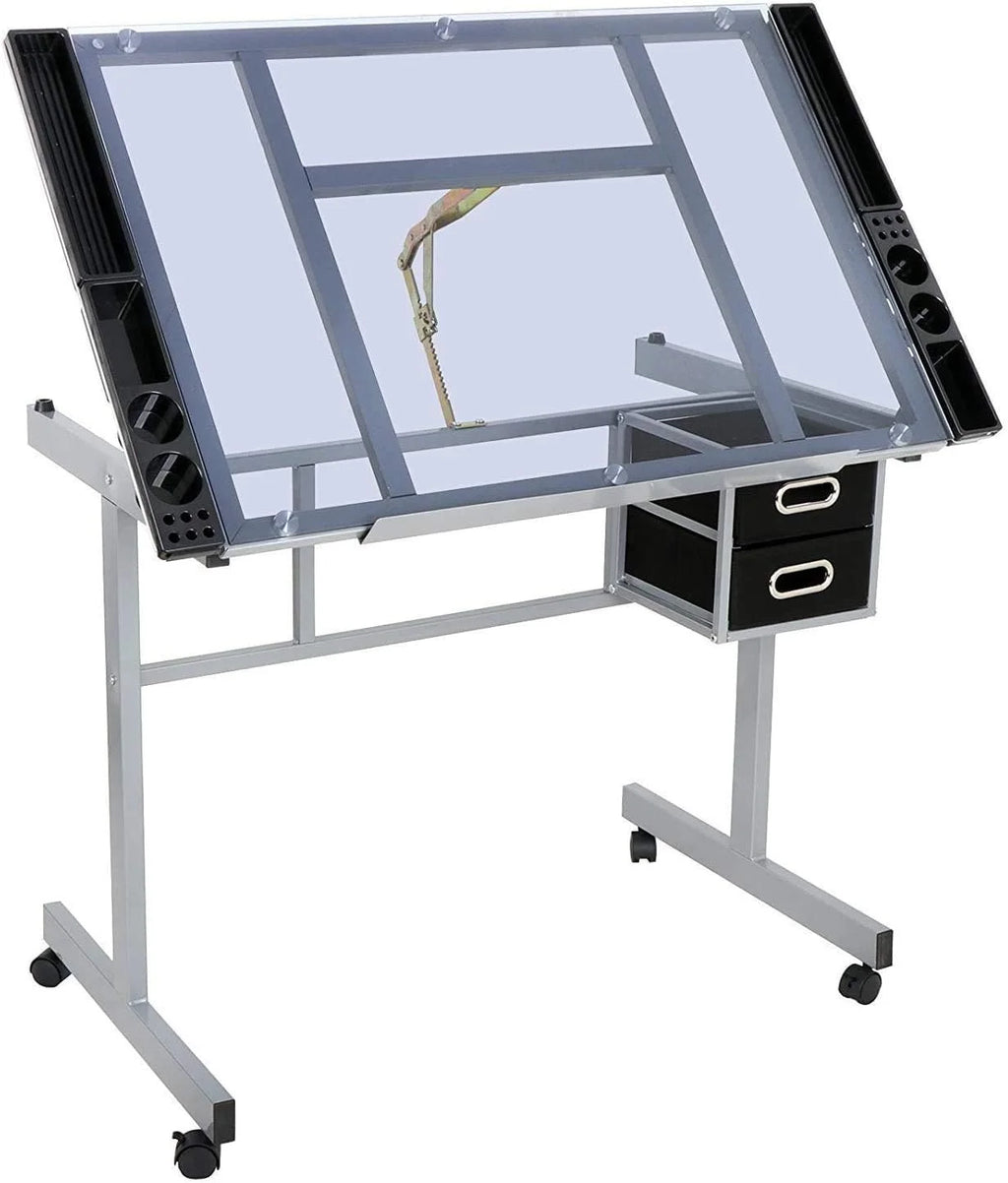 KHBIULIFE Adjustable Drafting Drawing Table Desk Tempered Rolling Glass Top Art Craft Station Desk w/2 Slide Drawers and Castors