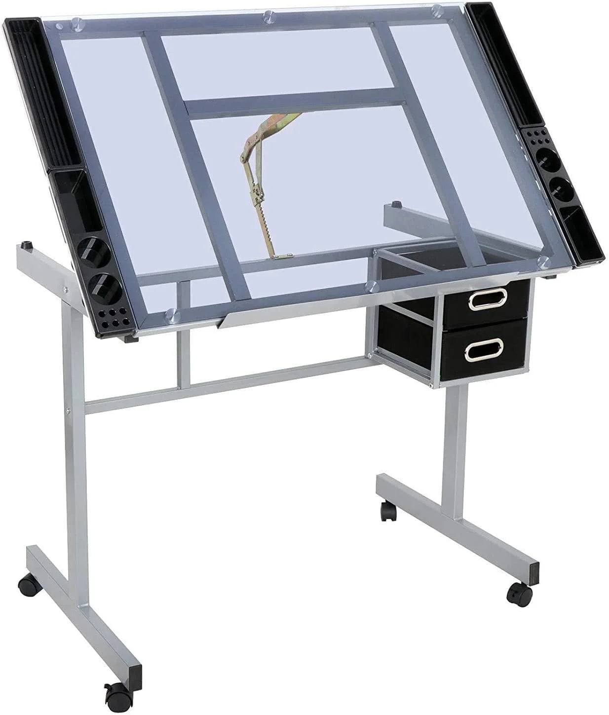 KHBIULIFE Adjustable Drafting Drawing Table Desk Tempered Rolling Glass Top Art Craft Station Desk w/2 Slide Drawers and Castors