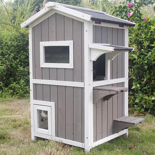 Outdoor Cat Shelter Weatherproof Two Story Wooden Feral Cat House with Openable Roof V6308