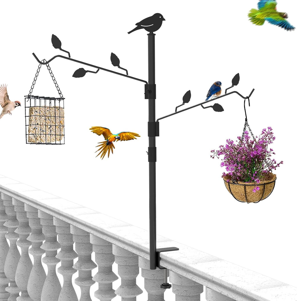 Deck Bird Feeder Pole, Hummingbird Feeder Hanger for Porch Railing Balcony, with 2 Adjustable Branches, Rail Pole Hook for Outdoors Hanging Bird Feeder, Plants, Suet Baskets, Wind Chimes Etc