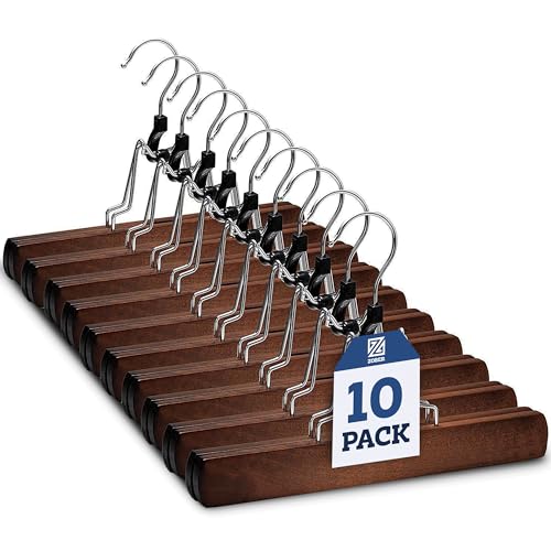 ZOBER High-Grade Wooden Pants Hangers with Clips 20 Pack Non Slip Skirt Hangers, Smooth Finish Solid Wood Jeans/Slack Hanger with 360° Swivel Hook