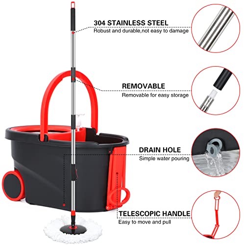 Spin Mop and Bucket Set with Wringer, 3 Microfiber Refills, Stainless Steel 61" Handle T5095