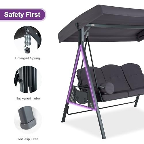 PURPLE LEAF Outdoor Patio Porch Swing with Adjustable Canopy, 3-Seat Bench, Grey W393