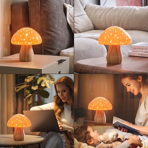 BOHON Mushroom Lamp, Ceramic Bedside Nightstand Light, Pink, LED Bulb Included T88188