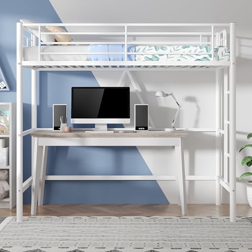 VECELO Loft Bed Twin Size Metal Frame with Ladder and Guardrail, Pink B728246