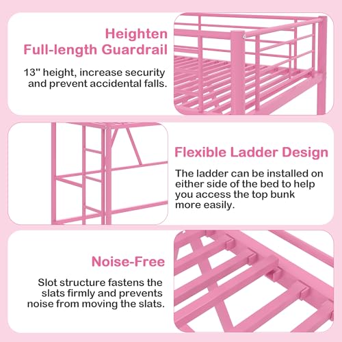 VECELO Loft Bed Twin Size Metal Frame with Ladder and Guardrail, Pink B728246