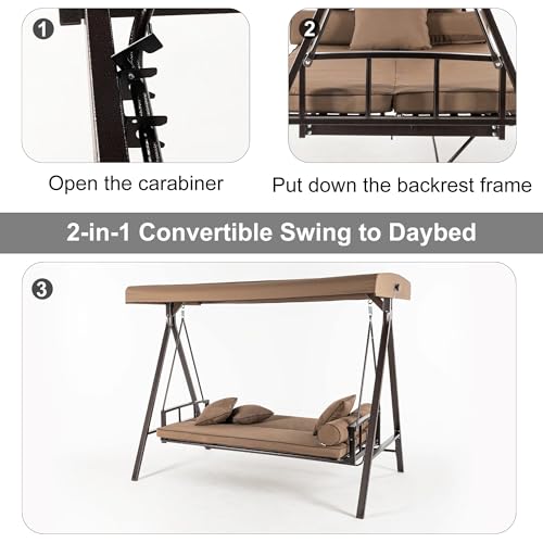 PURPLE LEAF Outdoor Patio Porch Swing with Adjustable Canopy, 3-Seat Bench, Grey W393