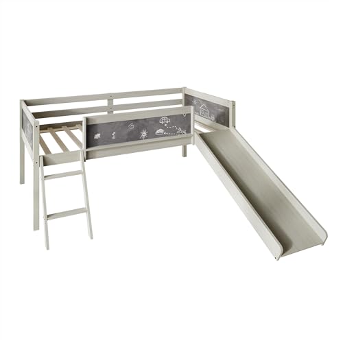 Antique Gray Wood Twin Loft Bed with Slide and Ladder for Kids A324