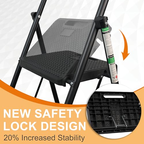 3 Step Ladder, Portable Steel Folding Stool with Anti-Slip Pedal, Black T5115
