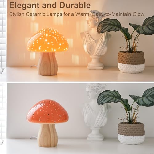 BOHON Mushroom Lamp, Ceramic Bedside Nightstand Light, Pink, LED Bulb Included T88188