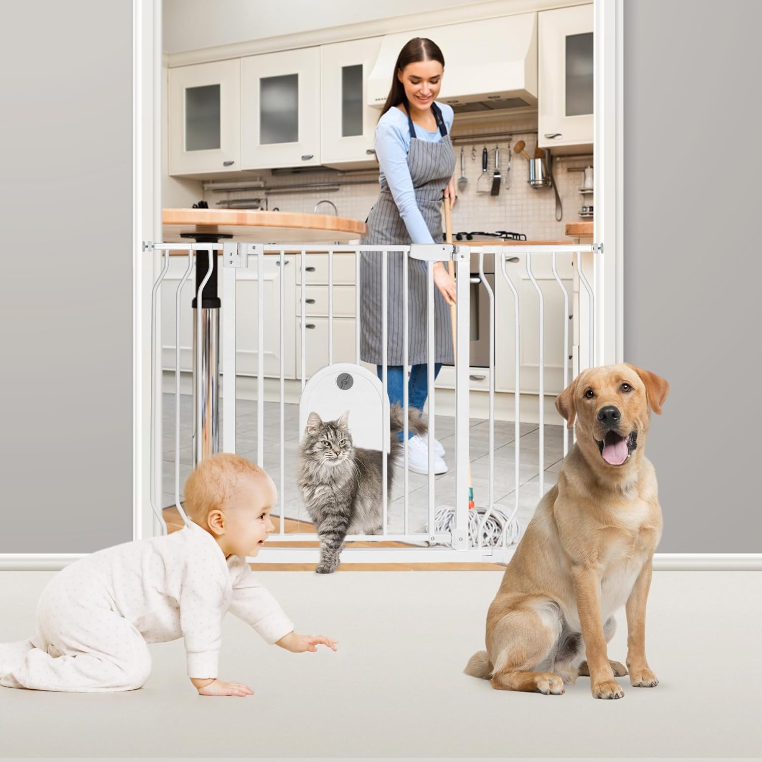 Baby Gates with Cat Door Auto Close Safety Metal Pet Gate for Doorway Stairs D972456