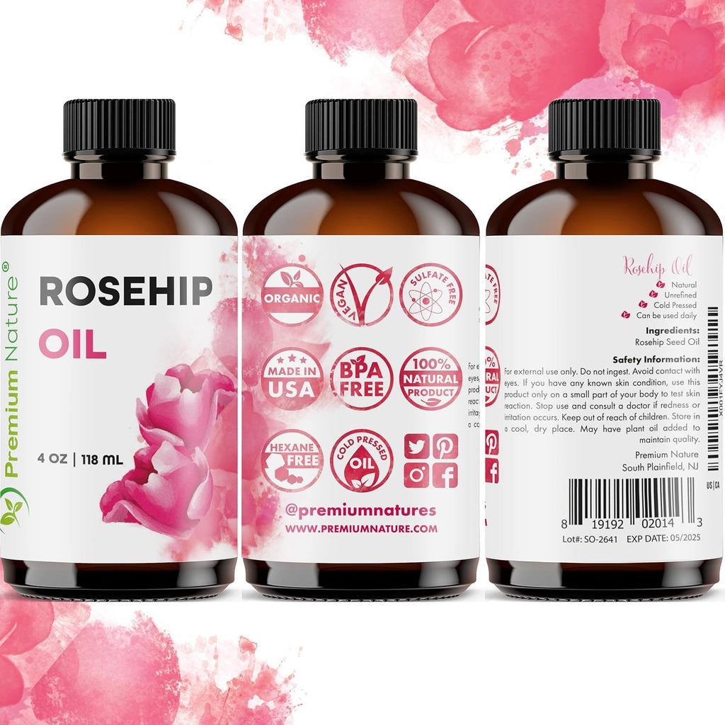 Premium Nature Rosehip Oil for Face, Hair and Nails, Cold Pressed Unrefined, 4oz C22957