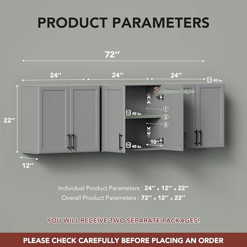 Wall Storage Cabinet with Two Shaker Doors and Shelf, Grey, 24"W, 2 Pcs N34755