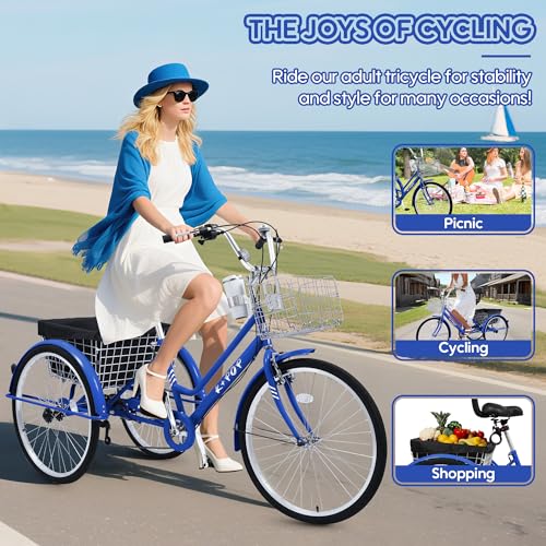 26 Inch 7 Speed Adult Tricycle, 3 Wheel Beach Cruiser Bike with Backrest and Baskets V183109