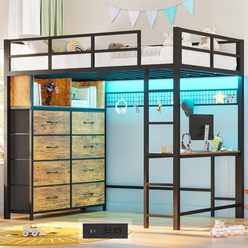 ADORNEVE Twin Size Loft Bed with Desk, LED Lights & Charging Station, White N63088
