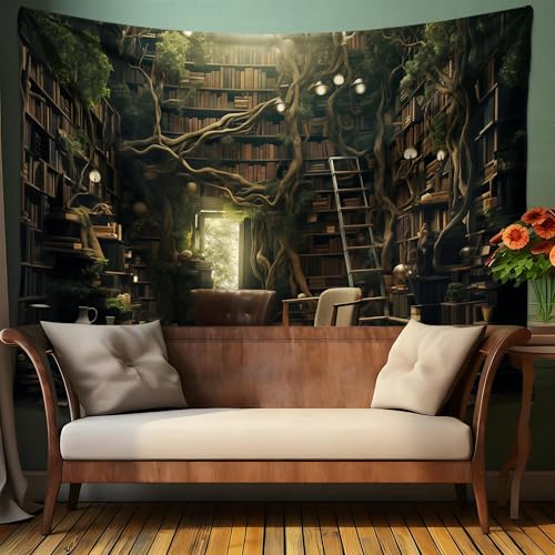 QGHOT Medieval Bookshelf Tapestry Vintage Library Wall Hanging P36533