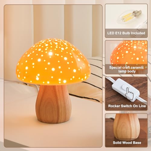 BOHON Mushroom Lamp, Ceramic Bedside Nightstand Light, Pink, LED Bulb Included T88188