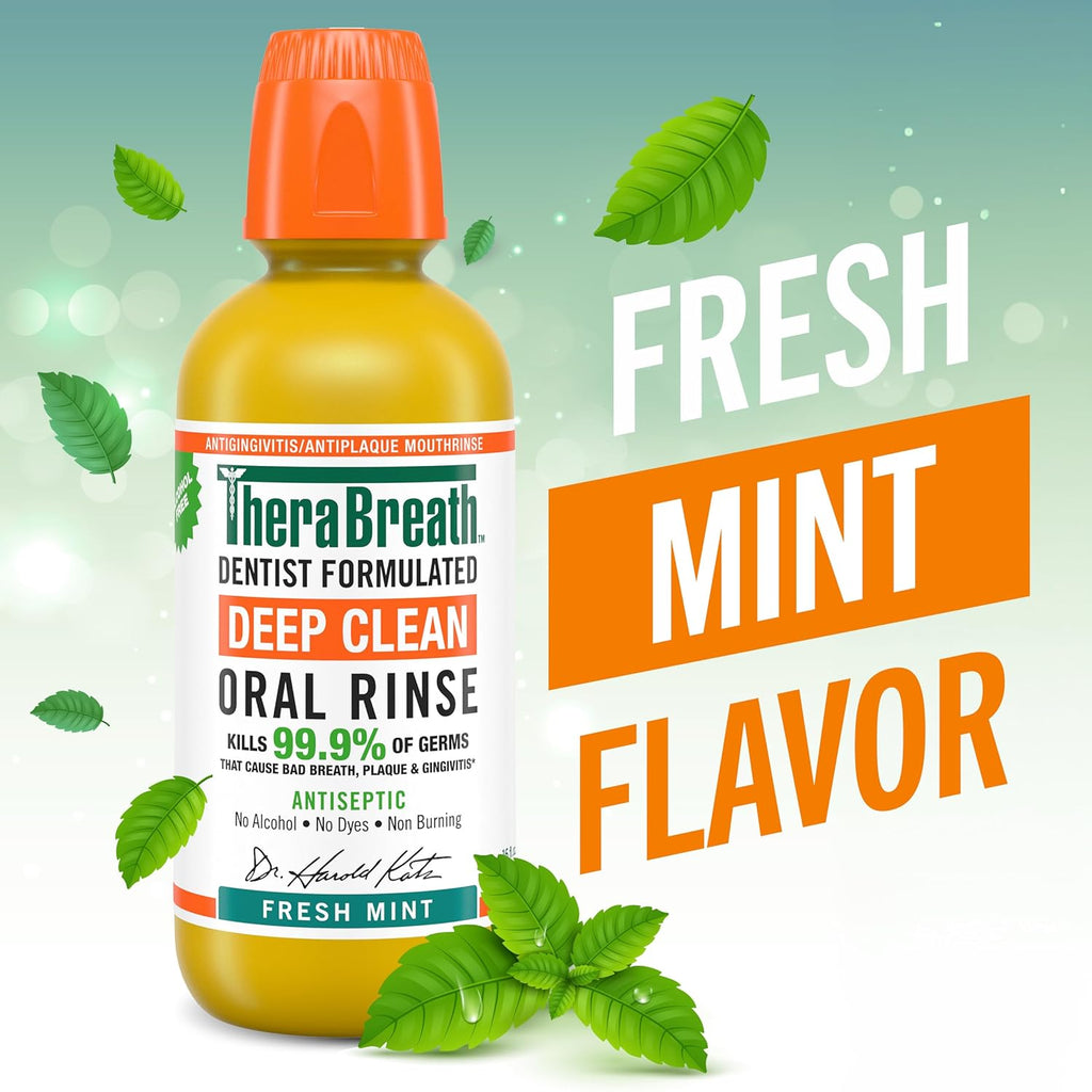 TheraBreath Fluoride Free Toothpaste Mild Mint 4 oz (Pack of 2) and Alcohol Free Mouthwash Fresh Mint 16 fl oz (Pack of 2) T324
