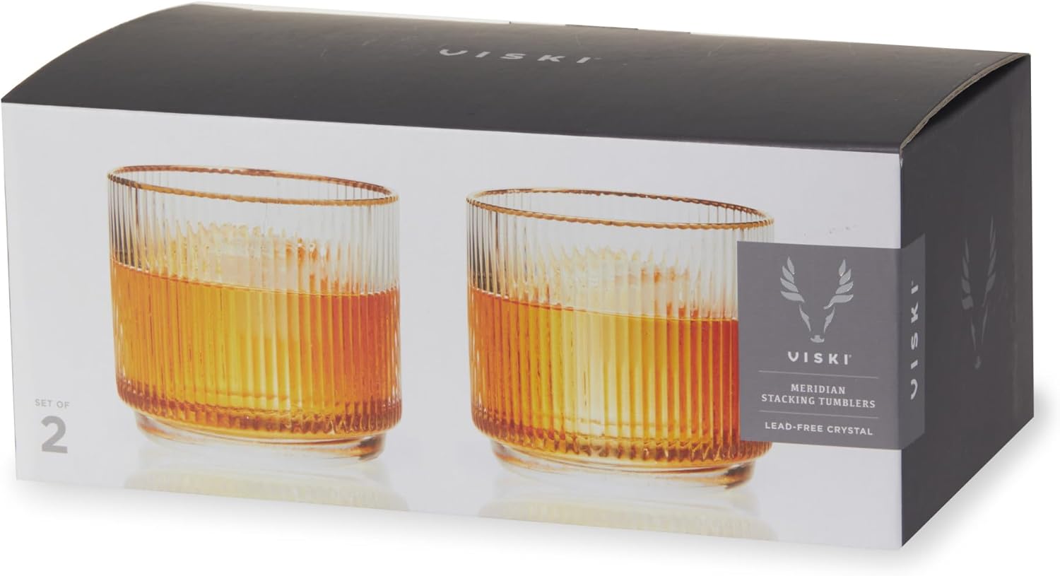 Viski Meridian Crystal Lowball Tumblers, Art Deco Whiskey Glasses, 12oz Set of 2 Q68876