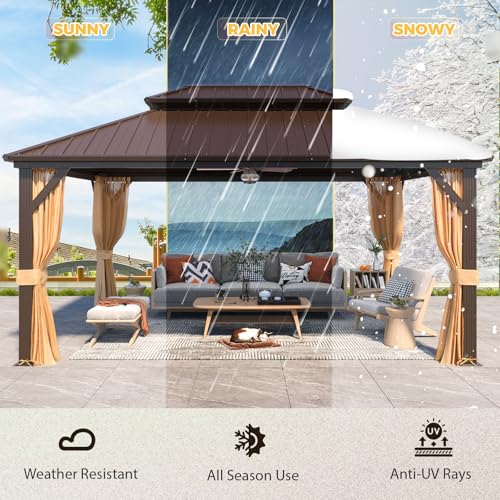 YOLENY 10' x 12' Hardtop Gazebo with Galvanized Steel Double Roof, Netting and Curtains Y84317