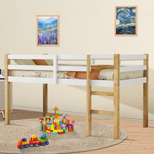 Twin Size Low Loft Bed with Ladder and Safety Guardrail, Solid Wood, White D5235