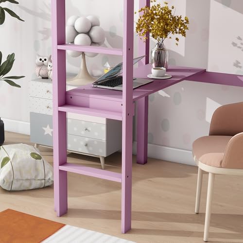 Twin Size Low Loft Bed with Ladder and Safety Guardrail, Solid Wood, White D5235