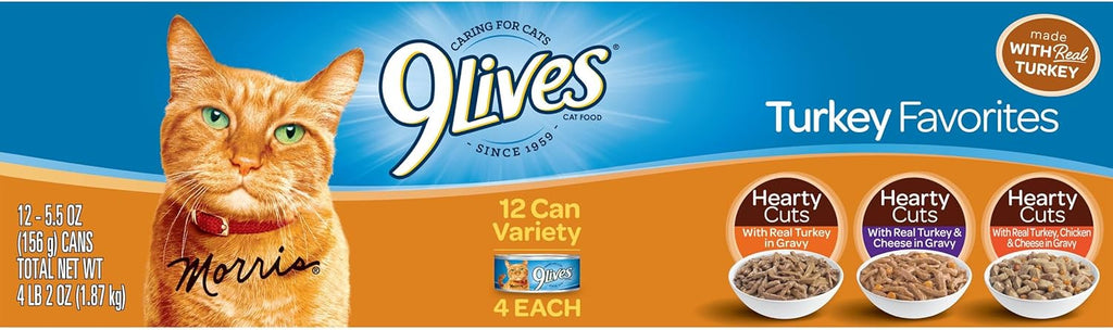 9Lives Turkey Favorites Variety Pack Wet Cat Food, 5.5 oz, 12 Pack V622881