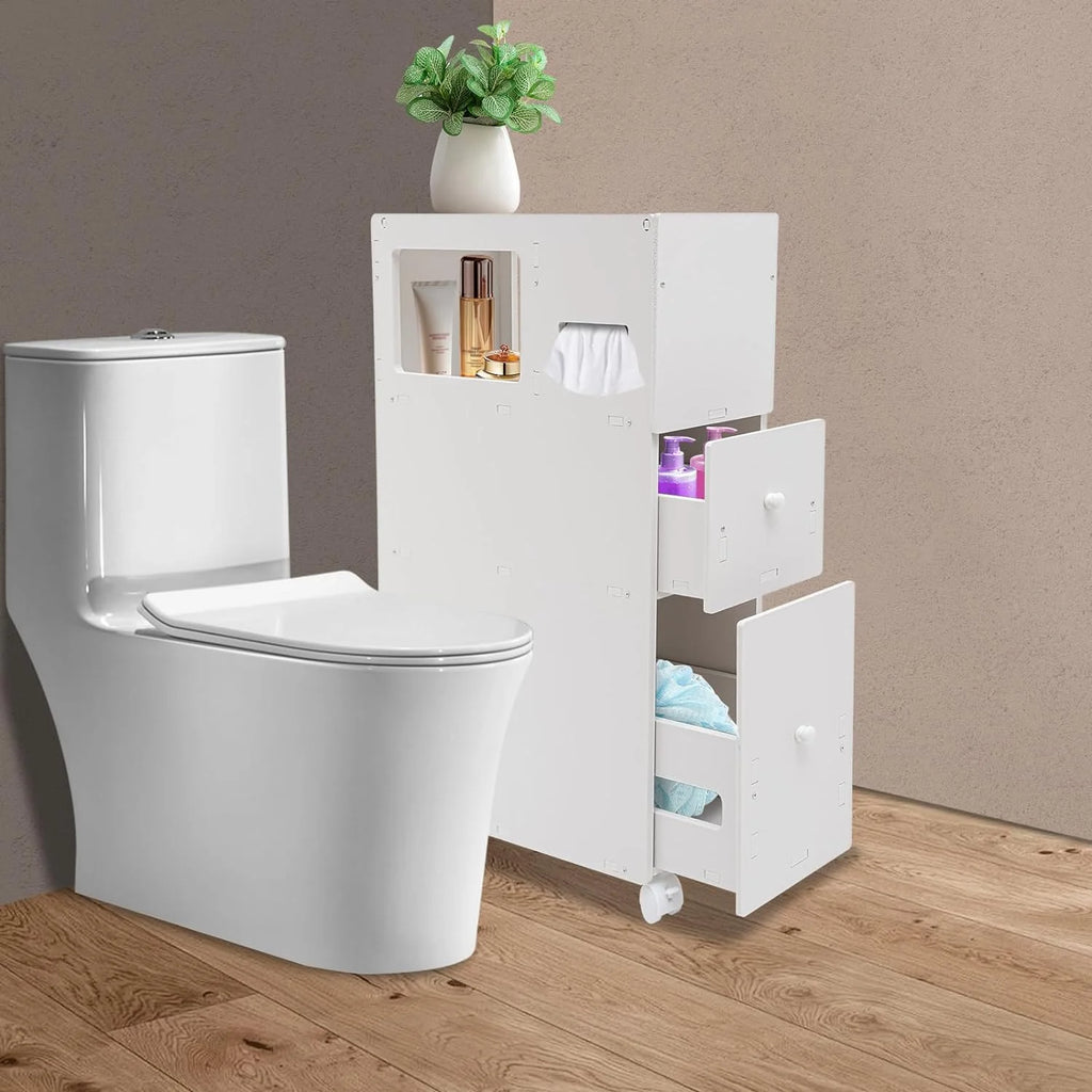 Slim Bathroom Storage Cabinet with Toilet Roll Holder on Wheels H204