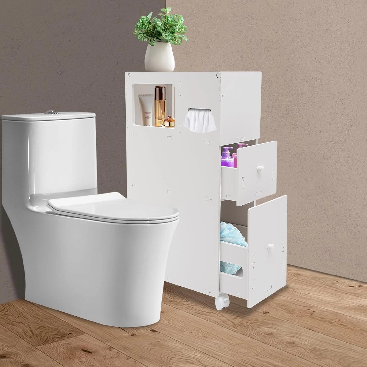 Slim Bathroom Storage Cabinet with Toilet Roll Holder on Wheels H204