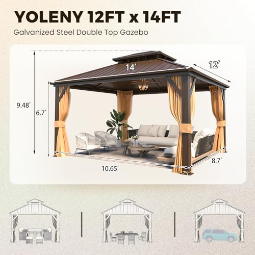 YOLENY 10' x 12' Hardtop Gazebo with Galvanized Steel Double Roof, Netting and Curtains Y84317