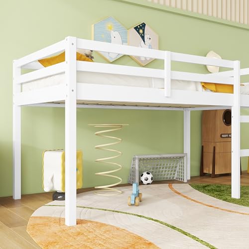 Twin Size Low Loft Bed with Ladder and Safety Guardrail, Solid Wood, White D5235