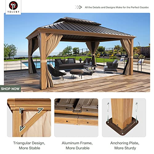 YOLENY 10' x 12' Hardtop Gazebo with Galvanized Steel Double Roof, Netting and Curtains Y84317