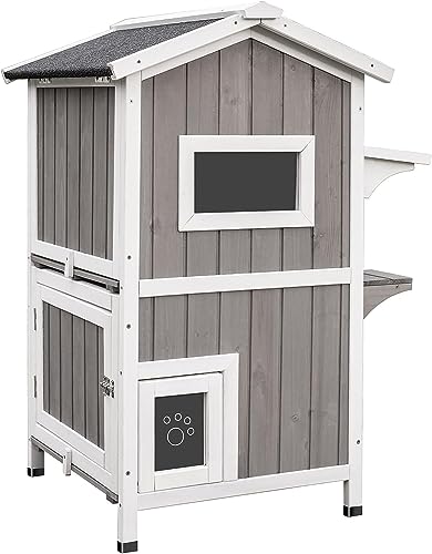 Outdoor Cat Shelter Weatherproof Two Story Wooden Feral Cat House with Openable Roof V6308
