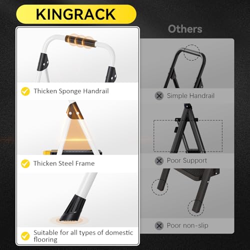 KINGRACK 3 Step Folding Ladder, 800lbs Capacity, Non-Skid Wide Pedals, White W71585