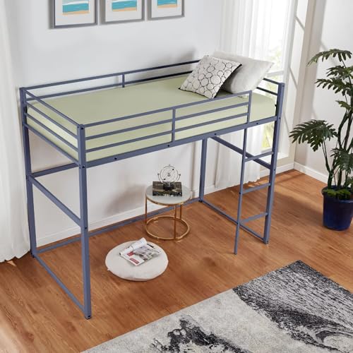 Metal Loft Bed Frame Twin Size with Safety Guard Rails & Built-in Ladder, Black C7852