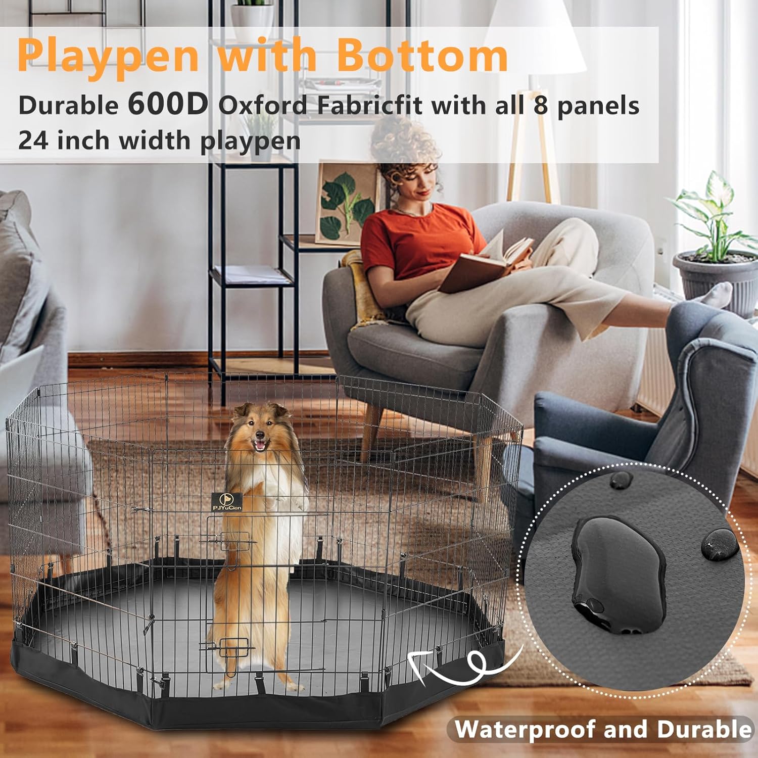 PJYuCien 24" x 36" Foldable Metal Pet Playpen with Door, Bottom Pad R637