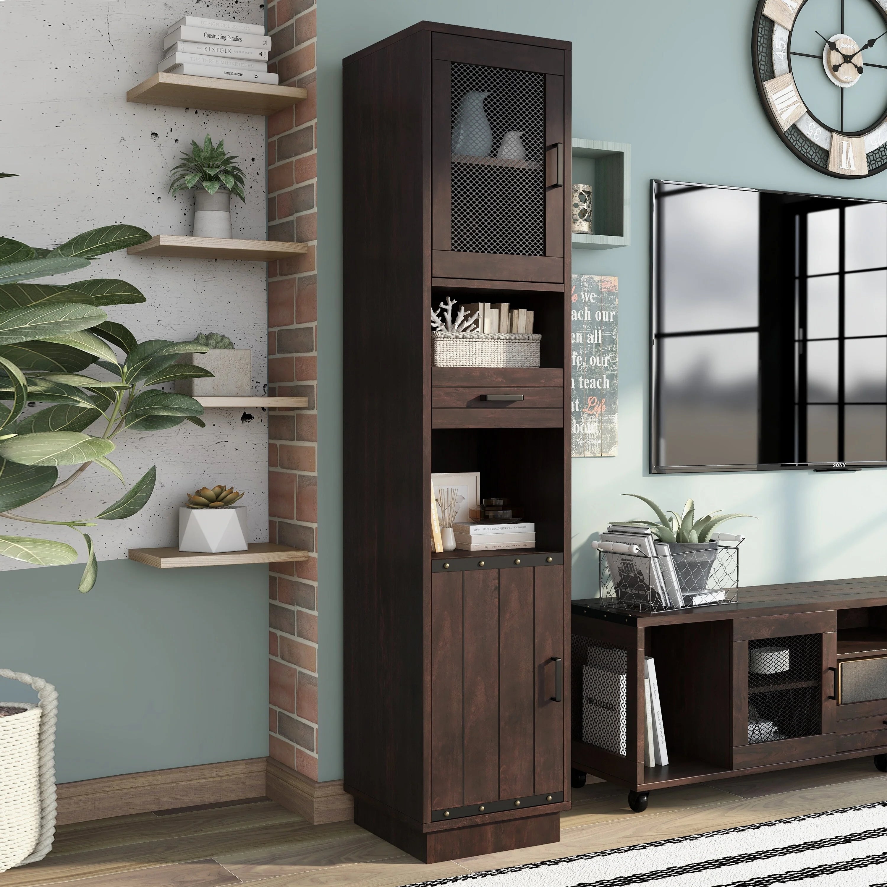 Furniture of America Hury Farmhouse Walnut Multi-Storage TV Tower P477386
