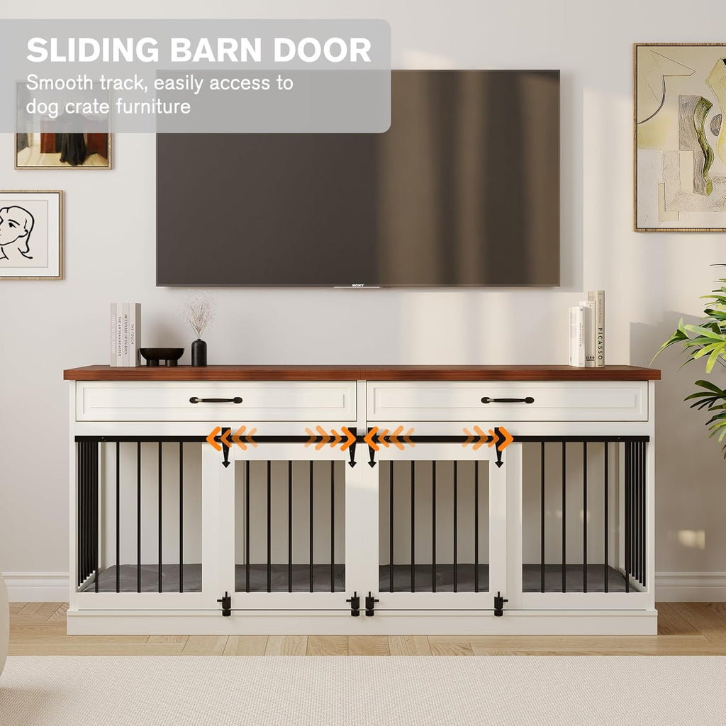 Farmhouse Wooden Dog Crate Furniture with Sliding Barn Doors, White M2281