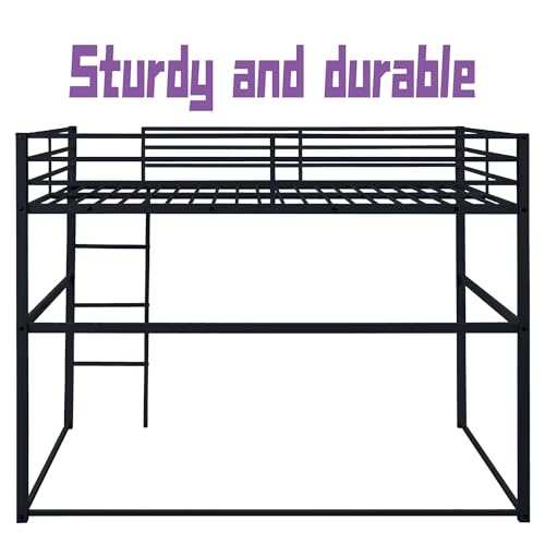 Metal Loft Bed Frame Twin Size with Safety Guard Rails & Built-in Ladder, Black C7852