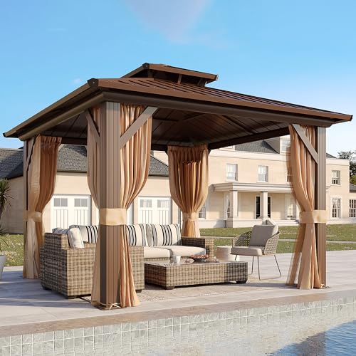 YOLENY 10' x 12' Hardtop Gazebo with Galvanized Steel Double Roof, Netting and Curtains Y84317