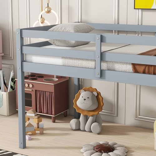 Twin Size Low Loft Bed with Ladder and Safety Guardrail, Solid Wood, White D5235