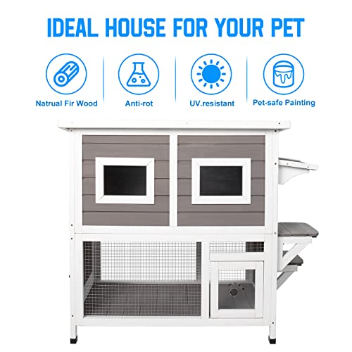 Outdoor Cat House Weatherproof Two Story Wooden Shelter with Ladder U54029