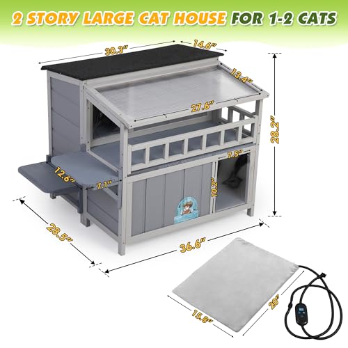 Outdoor Cat House 2-Tier Wood Shelter with Sunlight Roof, Gray J986