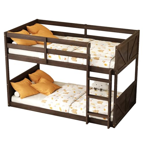 Twin Over Twin Wood Bunk Bed with Ladder and Guardrails for Kids P604
