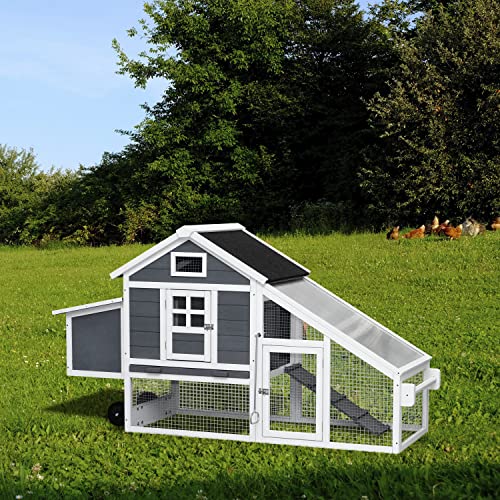 71” Movable Chicken Coop with Wheels for 4-6 Chickens, Outdoor Chicken Coop with Run and Nesting Box. Wooden Duck House Poultry Cage Chicken Hutch with Ramps for Hens Ducks (71 "L x 26" W x 40" H)