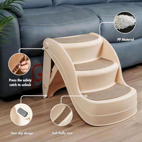 Folding Dog Stairs for Small Dogs, Non-Slip, Lightweight, Indoor/Outdoor, Beige U6409