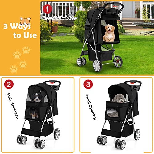 Giantex Folding Dog Stroller for Small Medium Dogs Cats with 4 Lockable Wheels, Navy Q23024