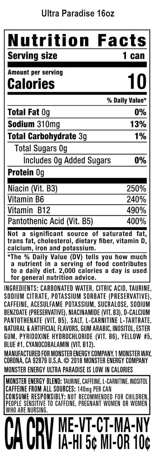 Monster Energy Ultra Paradise Sugar Free Energy Drink, 16 oz Pack of 12 J2142