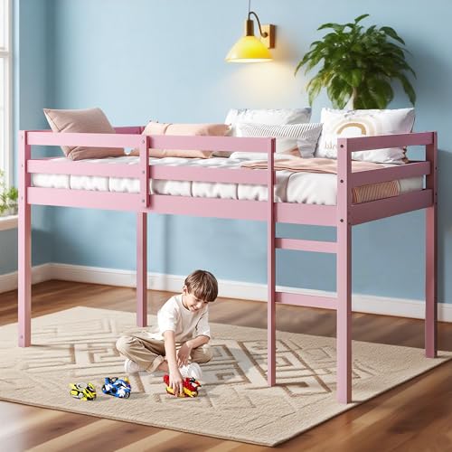 Twin Size Low Loft Bed with Ladder and Safety Guardrail, Solid Wood, White D5235